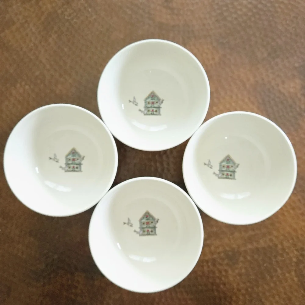 Thomson Pottery Birdhouse Soup-Cereal Bowls Set of 4 Cottagecore Replacement Lot